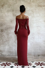 Robe de soirée longue en dentelle à épaules dénudées
