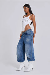 Jean en denim à jambes larges orné de perles