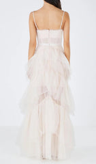 Robe de soirée longue en tulle à volants étagés