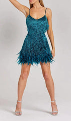 Robe courte à franges et plumes vert foncé 