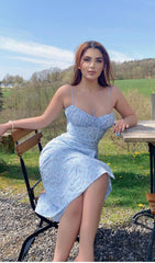 Robe imprimée à bretelles bleu ciel 