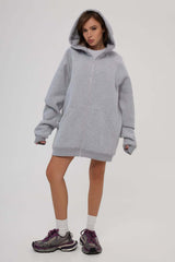 Sweat à capuche oversize à manches longues et fermeture éclair, couleur unie