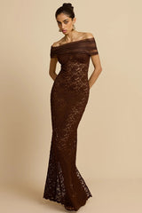 Robe de soirée sirène en dentelle transparente à épaules dénudées