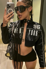 Veste en cuir slim courte zippée à empiècements imprimés