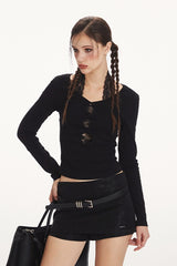 Sous-vêtement romantique en dentelle dos nu à col V et manches longues découpées