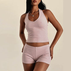 Ensemble deux pièces pantalon rose à volants en coton et lin