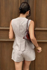 Button Sleeveless Vest Short Two Piece Work Set