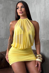 Halter Mesh Open Back Gathered Mini Tight Bodycon Dress