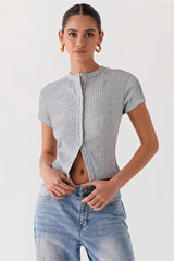 Ribbed Button Front Short Sleeve Blouse