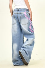Jean oversize délavé à jambes droites brodé d'étoiles