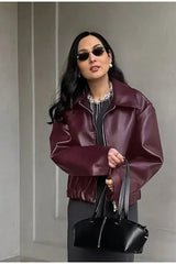 Burgundy Lapel Zip Leather Jacket