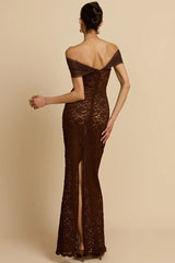 Robe de soirée sirène en dentelle transparente à épaules dénudées