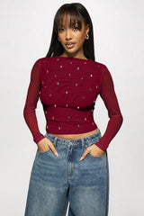 Rhinestone Ruched Mock Neck Mesh Top