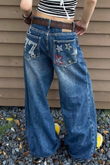 Jean oversize délavé à jambes larges brodé d'étoiles