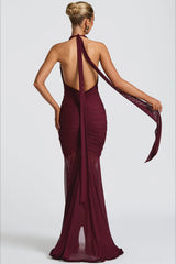 Robe de soirée sexy à empiècements en résille, col en V, dos nu et bretelles dos nu
