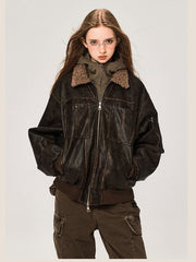 Veste en cuir PU avec col en laine d'agneau