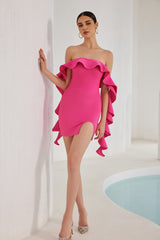 Robe bandage mini à volants épaules dénudées Nessa - Rose
