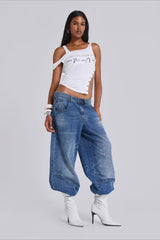 Jean en denim à jambes larges orné de perles