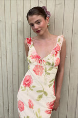 Open Back Pearl Bow Fitted Floral Dress