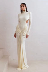 Robe de soirée cintrée à manches longues, froncée, color-block et découpe à la taille