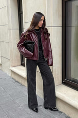 veste de motard vintage en cuir rouge bordeaux