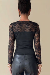 Boat Neck Lace Yoke Long Sleeve Top