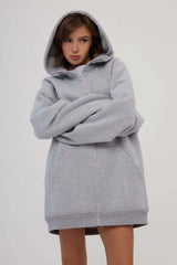 Sweat à capuche oversize à manches longues et fermeture éclair, couleur unie