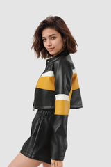 Veste courte slim sexy à empiècements contrastés en PU et col montant