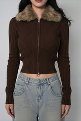 Faux Fur Collar Ribbed Zip Cardigan Sweater