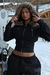 Faux Fur Trim Fitted Cropped Zip Hoodie