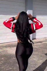 Veste slim en similicuir brodée color-block