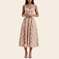 Robe midi dos nu à bretelles fines et décolleté fleuri