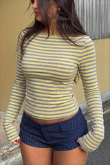 Fine Stripe Round Neck Long Sleeved T-shirts