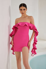 Robe bandage mini à volants épaules dénudées Nessa - Rose