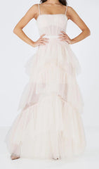 Robe de soirée longue en tulle à volants étagés