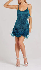 Robe courte à franges et plumes vert foncé 
