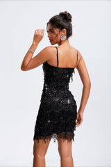 Robe de soirée sans manches à sequins, pompons et strass, col en V, de marque
