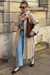 Check Trim Single Breasted Long Trench Coat