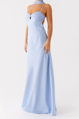 Robe de soirée maxi de luxe en satin à col V et dos lacé