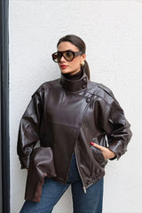 Asymmetric Front Grained Faux Leather Bomber Coat