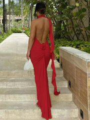 Robe longue à fleurs, col V et dos nu, avec ruban
