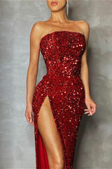 Robe de soirée à sequins, fente haute, bustier et épaules dénudées