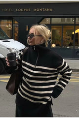 Pull rayé décontracté à col zippé demi-zip et revers rétro
