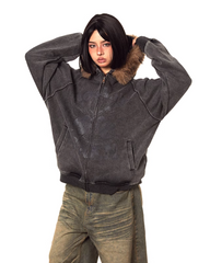 Veste vintage zippée à bordure en fourrure