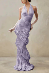 Elegant Solid V Neck Halter Backless Fitted Ruched Party Dress