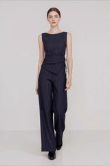 Stripe Asymmetric Sleeveless Top Straight Work Set