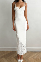 Lace Panel V Neck Cutout Back Tie Evening Slip Dress