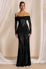Robe de soirée maxi élégante en dentelle noire cintrée