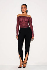 Striped Mesh Off Shoulder Long Sleeve T-shirts