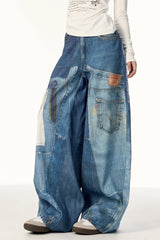 Jean à jambes larges imprimé patchwork vintage de la mode urbaine